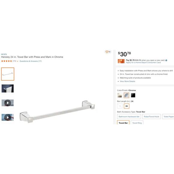 MOEN Hensley 24 in. Towel Bar with Press and Mark in Chrome - Free Shipping - Picture 2 of 6